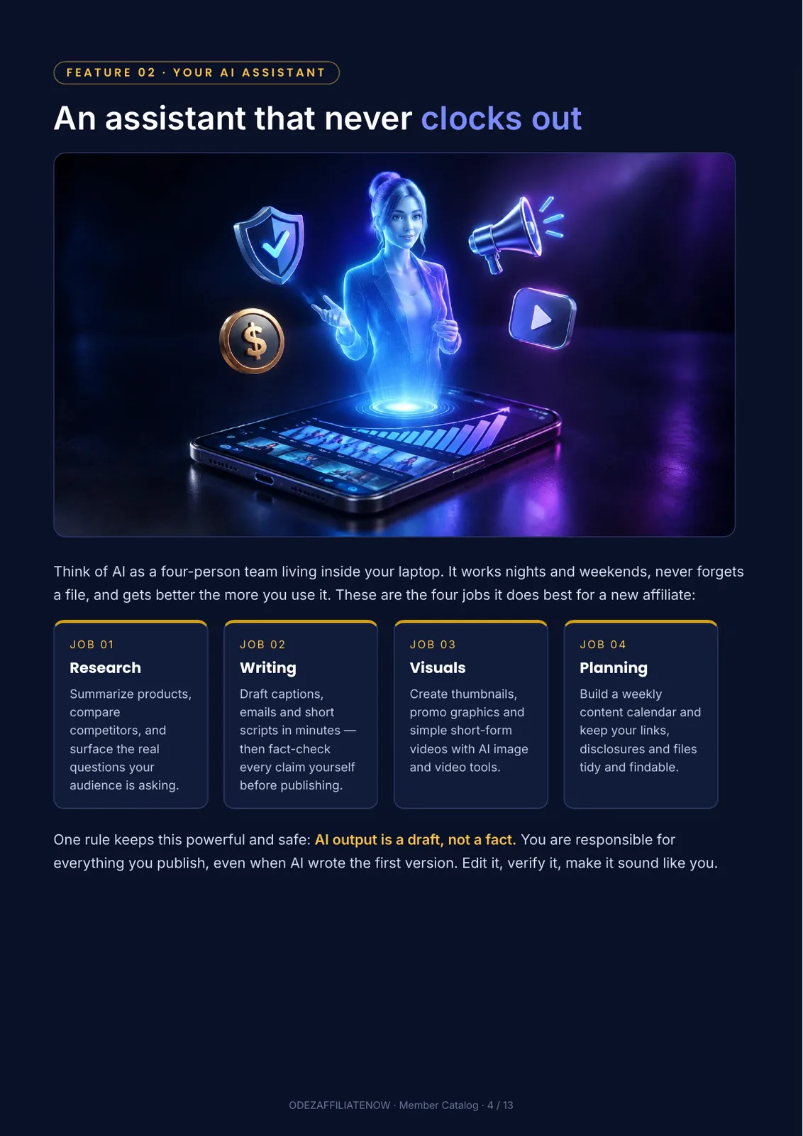 Holographic AI assistant concept with four marketing support roles