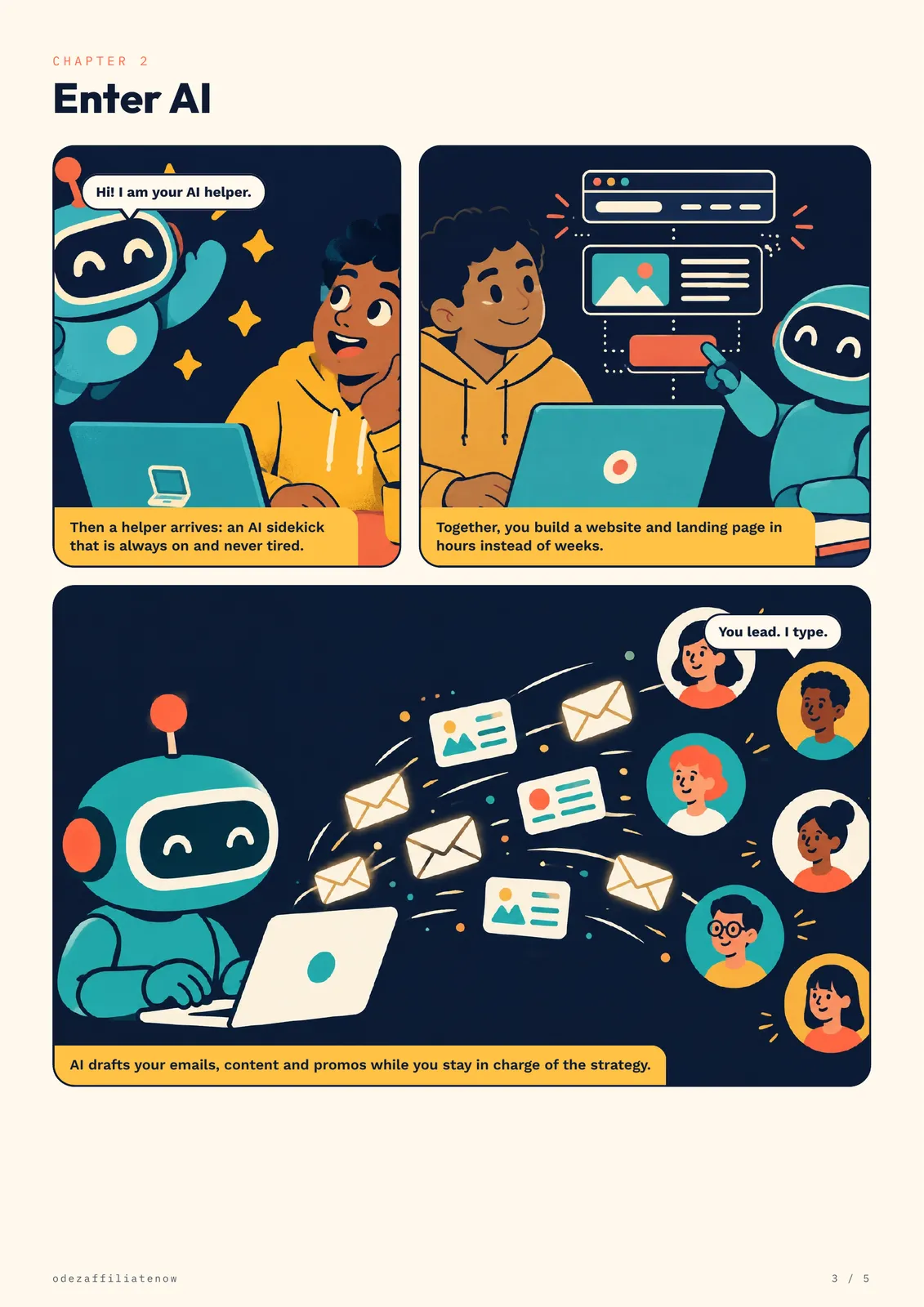 Comic storyboard of a marketer building with a friendly AI helper