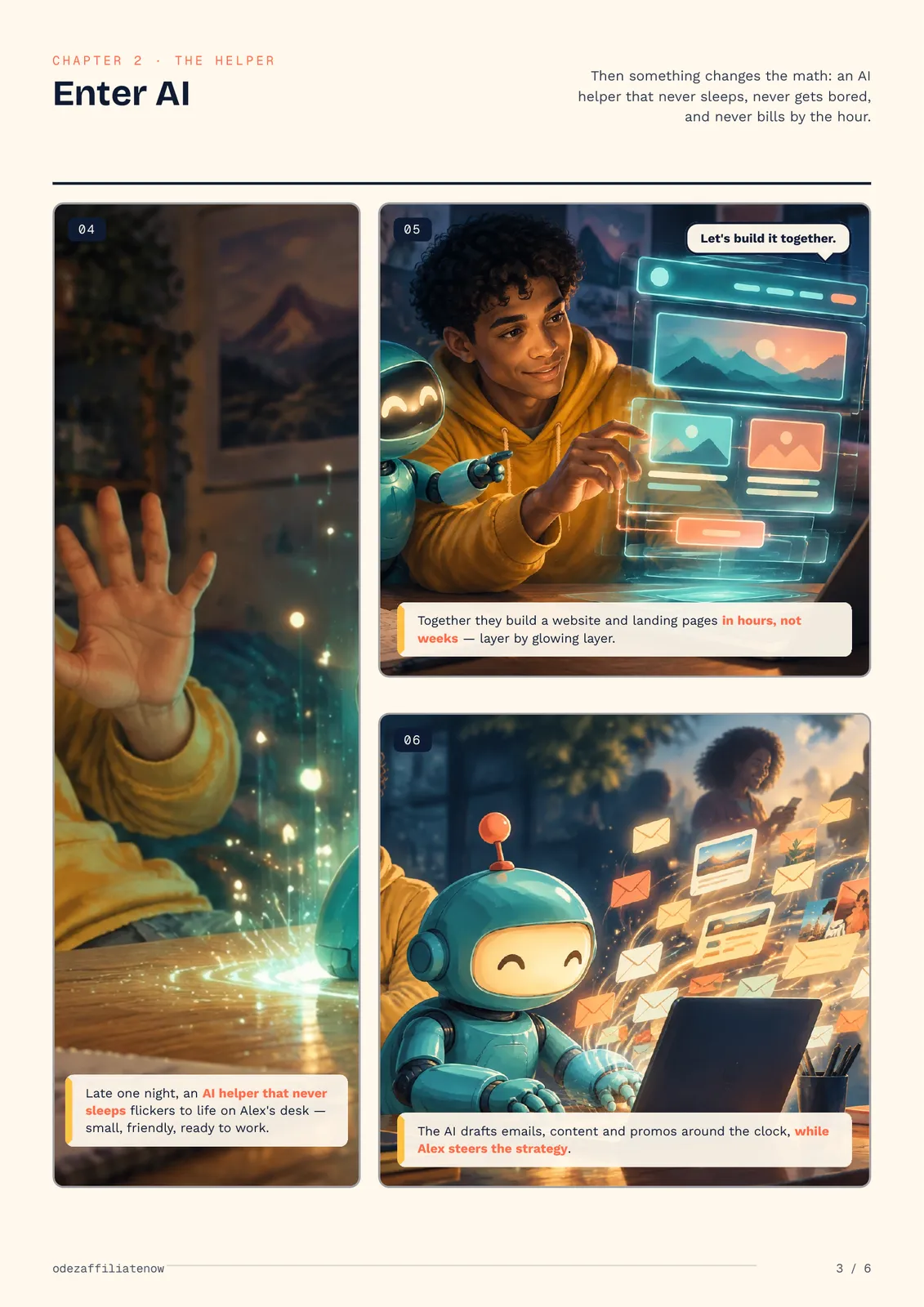 Storyboards showing a beginner meeting an AI helper and creating marketing assets