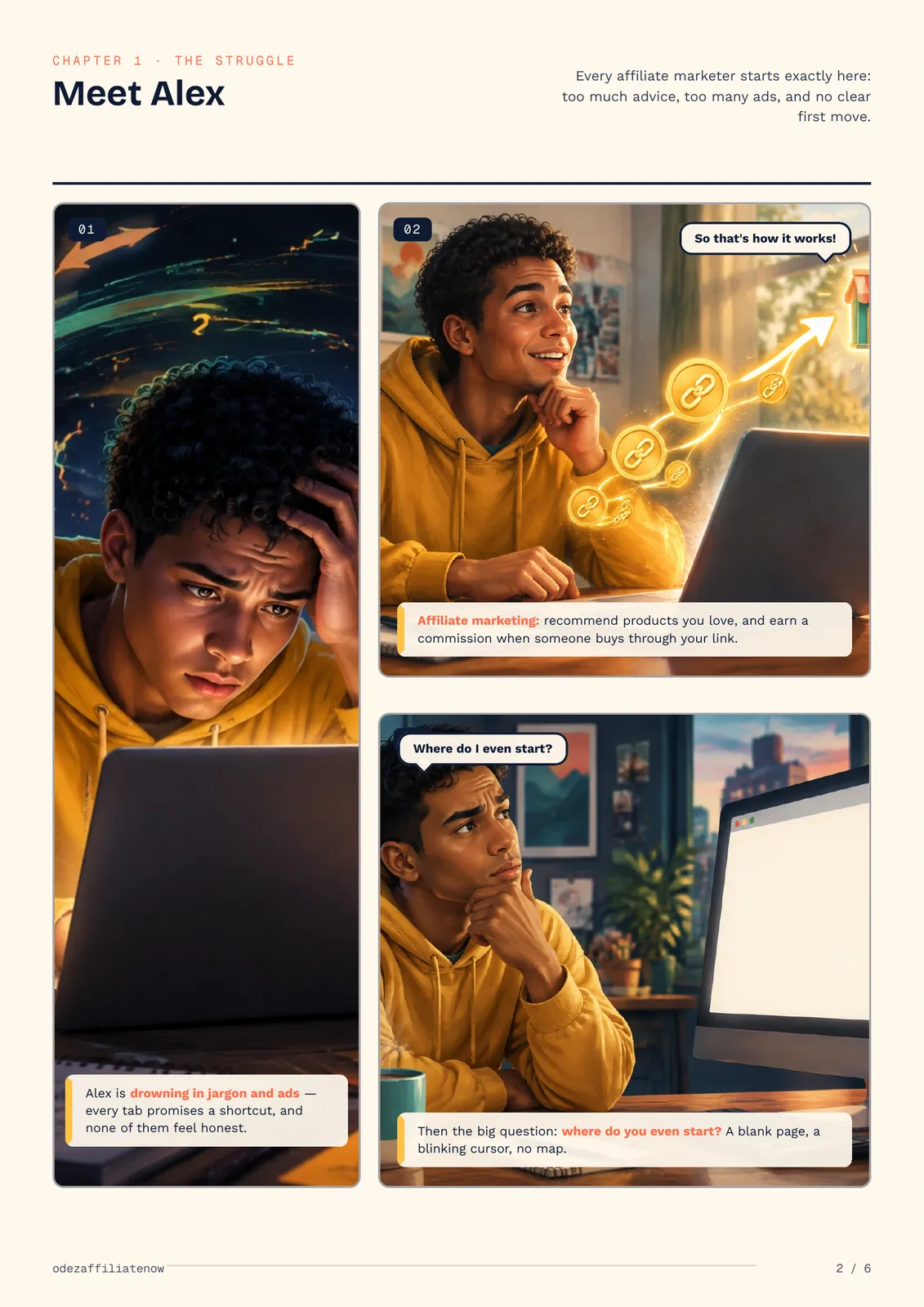 Three-panel comic about Alex learning the basics of affiliate marketing
