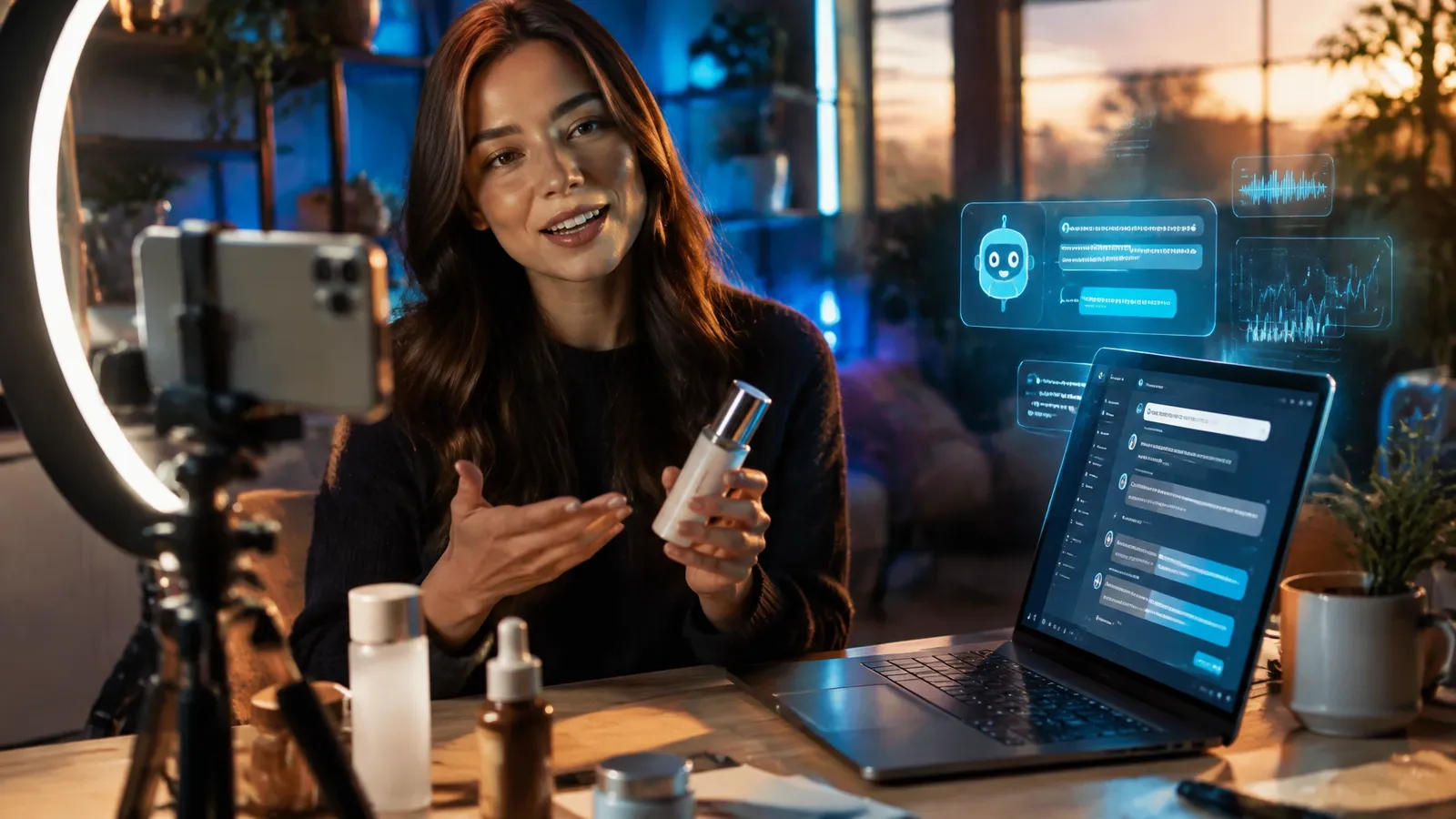 Creator filming a product review with a ring light while an AI script assistant drafts content on screen
