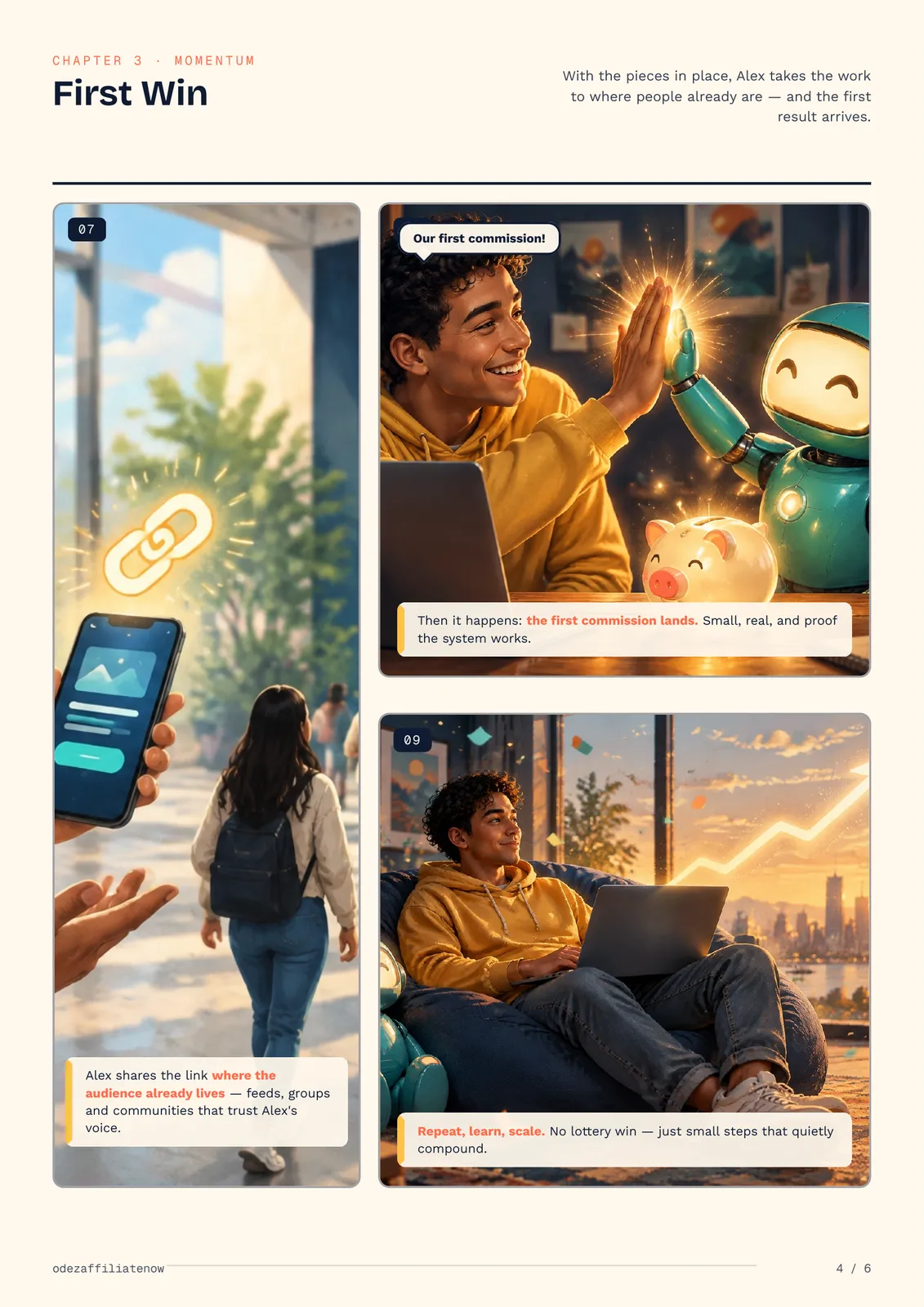 Comic-style affiliate marketer celebrates an early milestone