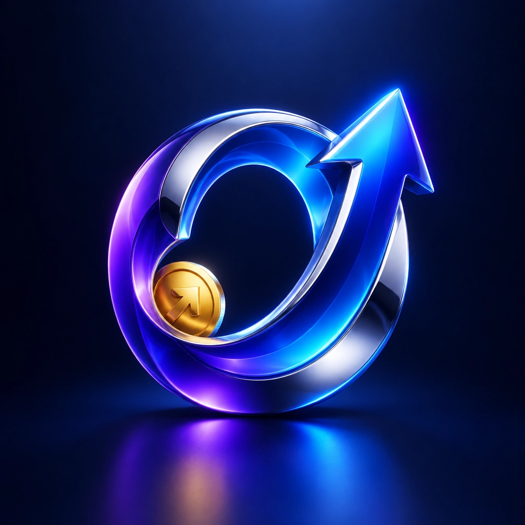 Metallic indigo and blue affiliate growth emblem with a gold coin accent