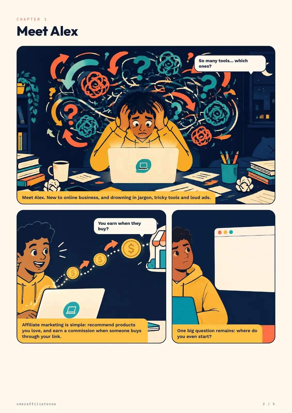 Comic page introducing a beginner facing too many affiliate marketing tools