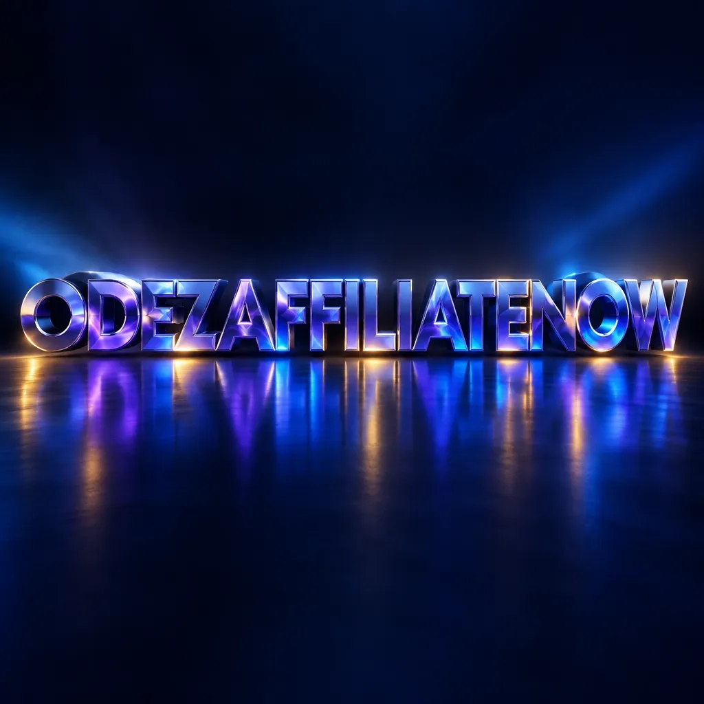 Chrome violet and blue odezaffiliatenow wordmark with warm golden edge light